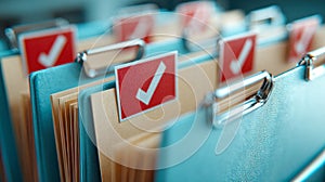Organized blue file folders with red checkmark tabs arranged in rows representing completed tasks and efficient document
