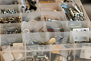Organized bolts, screws, nuts and washers.
