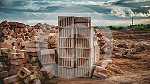 Organized Cement Bricks Amidst Construction Chaos. Concept Construction Progress, Order in Chaos,