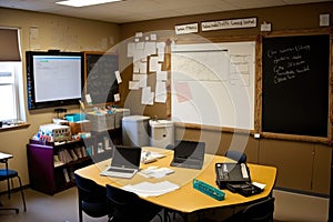 organized classroom with mini whiteboard, markers, and blackboard for notes