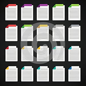 Organized collection of color-coded document stacks