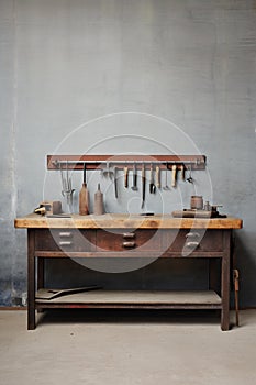 Organized Craftsmanship: A Captivating Wooden Workbench with Metal-Smithing Tools