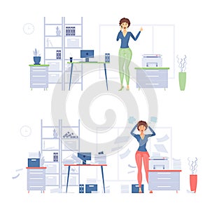 Organized and depressed business woman cartoon vector