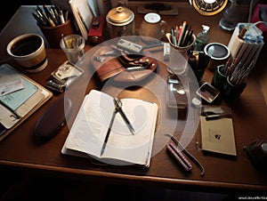 Organized desk with coffee and notepad