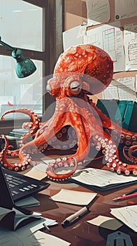 Organized and helpful octopus at work using its tentacles for efficient multitasking and friendly office assistance