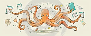 Organized and helpful octopus at work using its tentacles for efficient multitasking and friendly office assistance