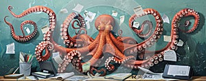 Organized and helpful octopus at work using its tentacles for efficient multitasking and friendly office assistance