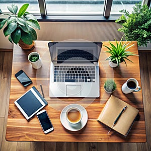 Organized home office workspace with laptop, digital devices, and plants