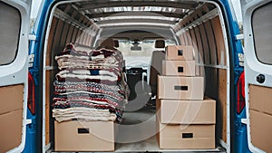 Organized interior of removal van with neatly stacked fabric blankets and cardboard boxes. Concept