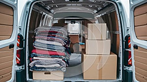 Organized Interior of Removal Van with Stacked Fabric Blankets and Cardboard Boxes. Concept Van