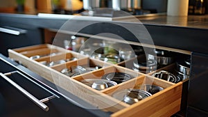 Organized kitchen drawer with wooden compartments and utensils