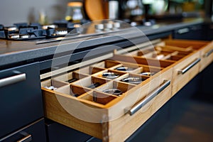 Organized kitchen drawer with wooden compartments and utensils