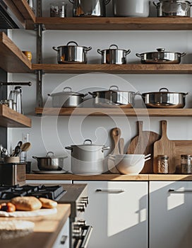 Organized kitchen storage featuring various culinary equipment and pots