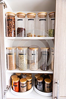Organized labeled food pantry in a home kitchen with spices