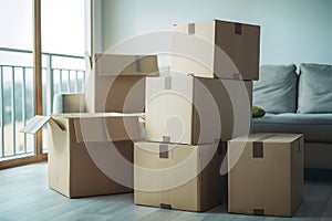 Organized living space with cardboard boxes, soft lighting, peaceful atmosphere