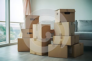 Organized living space with cardboard boxes, soft lighting, peaceful atmosphere