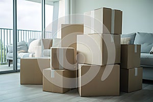 Organized living space with cardboard boxes, soft lighting, peaceful atmosphere