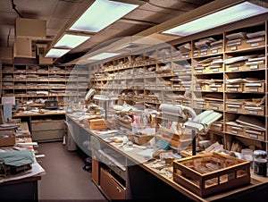 Organized mailroom with sorting bins and multitray units