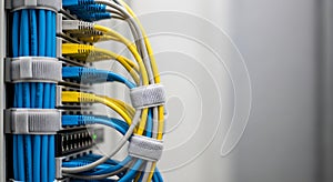 Organized network server rack with blue, yellow, and grey Ethernet cables for data transfer and internet connectivity