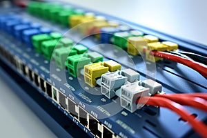 Organized Network Switch with Color-Coded Cables and LED Lights