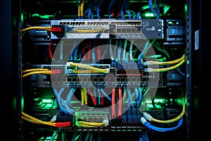 Organized Network Switch with Color-Coded Cables and LED Lights