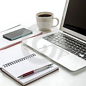 Office Tools and PC on Desk Isolated on White Background