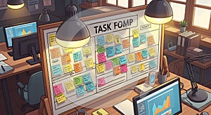 Modern Office Workspace with Task Management Board and Computer Monitors