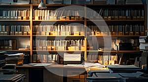 Organized office workspace with shelves of files and documents