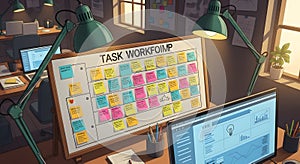 Organized Office Workspace with Task Board and Computer Monitors