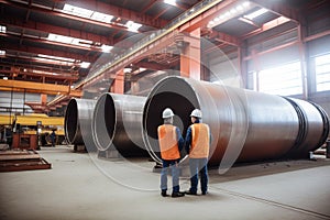 In an organized pipe manufacturing facility, three heavy industry engineers stand near a robotic welding machine