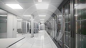 Organized Row of Servers in Long Network Hallway