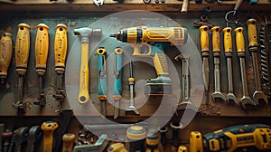 organized set of hand and power tools on rustic workbench