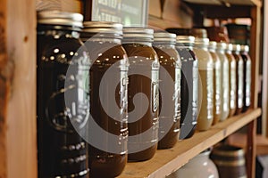 organized shelf of coffee jars in a caf