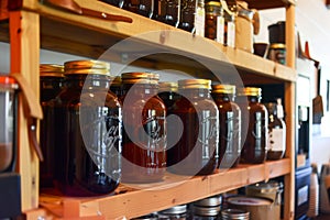 organized shelf of coffee jars in a caf