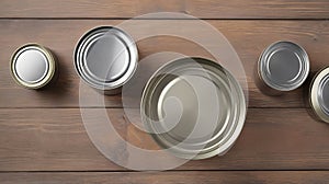 Organized Simplicity: Closed Tin Cans on a Rustic Brown Table.