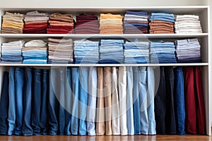 organized stack of jeans and pants on a white shelf
