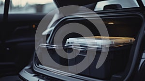 Organized storage boxes in a car trunk