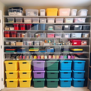 Organized supply closet, with boxes and containers