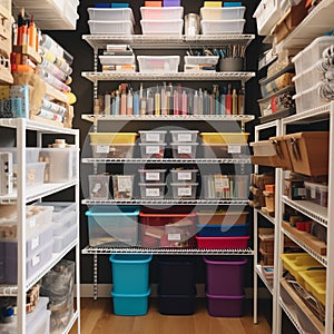 Organized supply closet, with boxes and containers