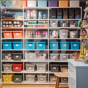 Organized supply closet, with boxes and containers