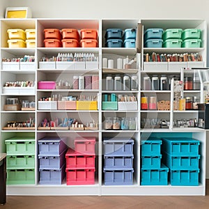 Organized supply closet, with boxes and containers