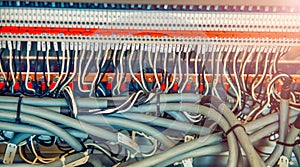 Organized tidy and not messy electronic signal processing wires in a science lab. Many connected cables in sockets