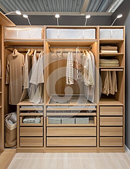 Organized walk-in closet in bedroom, wardrobe with drawers, hanging clothes and storage boxes