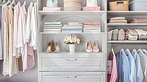 Organized wardrobe displays soft palette of pastel colors