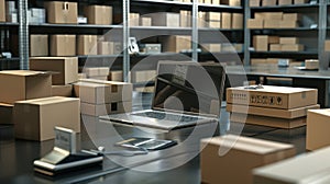 The laptop on warehouse desk.AI generated image