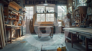 Organized woodshop interior with tools, workbench, and natural light photo