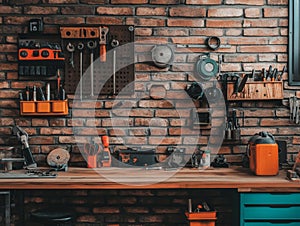 Organized Workshop Brick Wall, Tools, Wood Bench, workshop tools