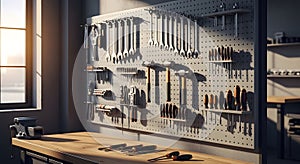 Organized workshop with tools displayed on a pegboard