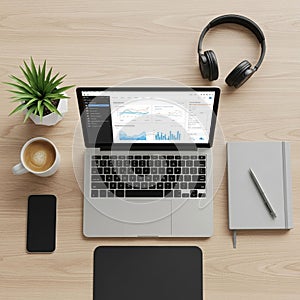 Organized workspace featuring a laptop displaying graphs and data analytics