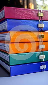 Organized workspace Stack of colorful file folders on office table